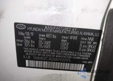 2019 Hyundai Santa Fe Se from USA, damaged, VIN 5NMS2CAD6KH122175